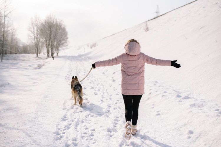 A person walking a dog through the snow while holding out their arms.