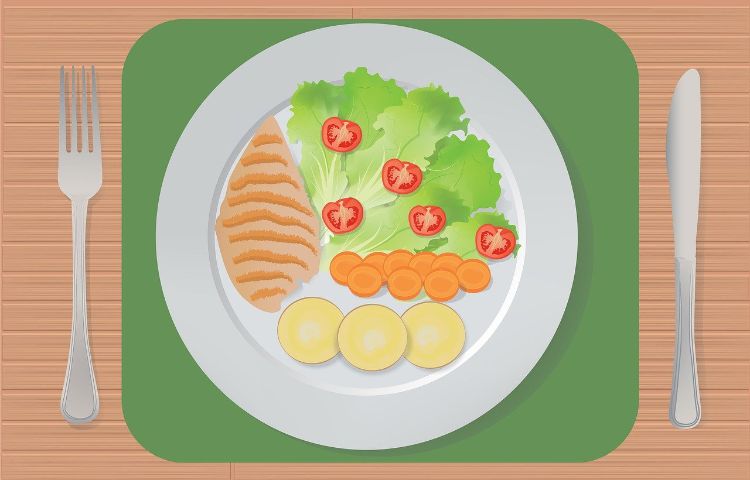 An illustration of chicken and vegetables on a dinner plate.