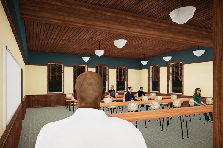 View of avatars in a Chittenden Hall classroom from the MSU A Mile in My Shoes virtual reality application.