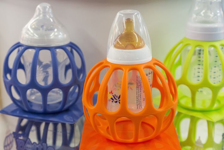 Colorful baby bottles.