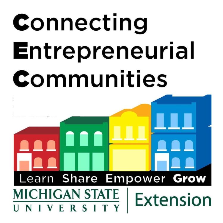 Connecting Entrepreneurial Communities logo with increasing height buildings showing the words 'learn,' 'share,' 'empower,' and 'grow.'