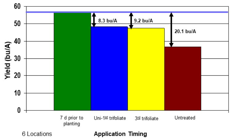 Graph of soybean yield due to delayed burndown herbicide applications