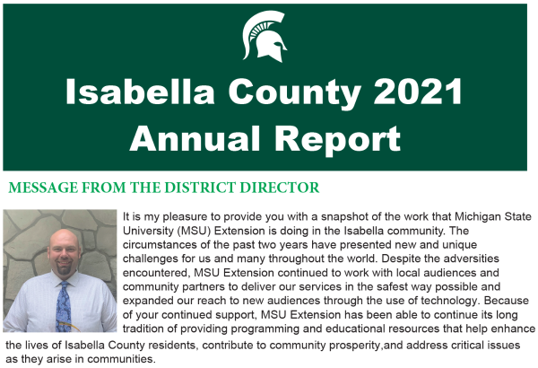 front cover of annual report with green background, title in white, bold font and note from the district director