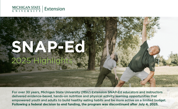 A cover photo of the 2025 SNAP-Ed Highlights.  The cover has an image of two older adults practicing yoga in a park.