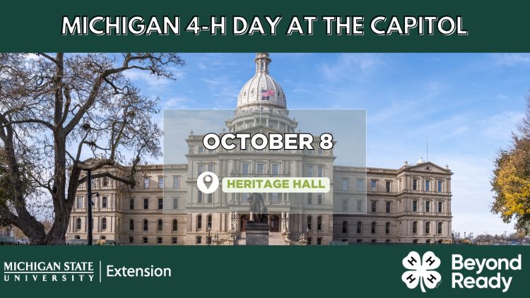 A picture of the state capitol building with the words October 8, Heritage Hall over it. Across the top on a green banner, the words 