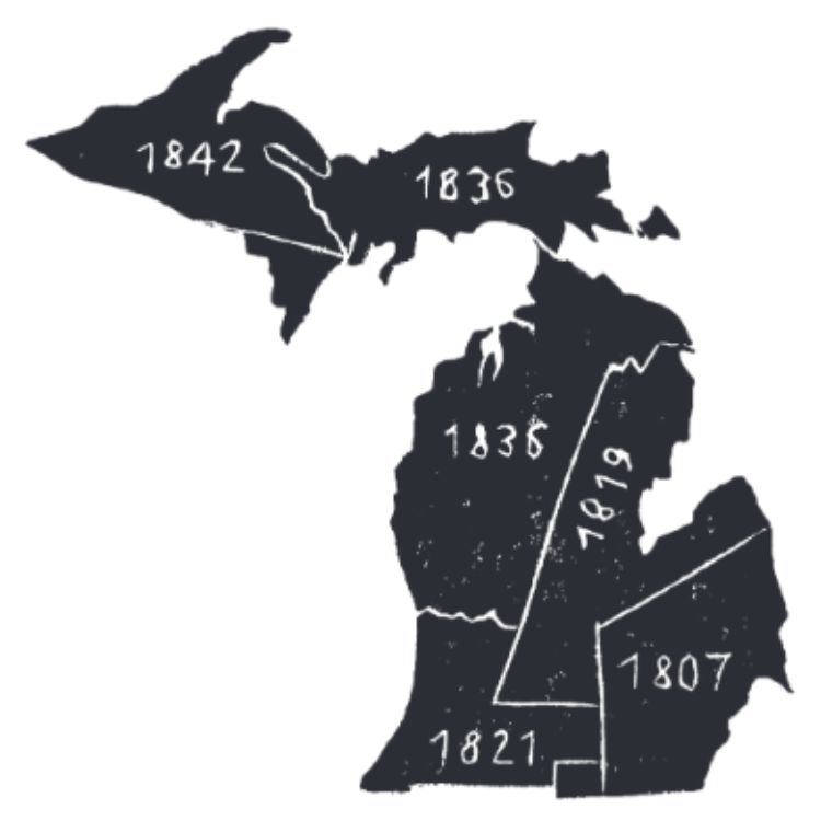 Michigan's state boundaries were formed in several land treaties from 1807 through 1842, including the 1819 Treaty of Saginaw that includes the land Michigan State University occupies.