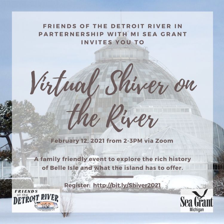 Shiver on the River event flyer. All information included on the flyer is included in the body of the story. Picture shows a winter Belle Isle scene.