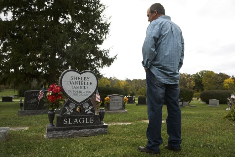 Person at a grave site.