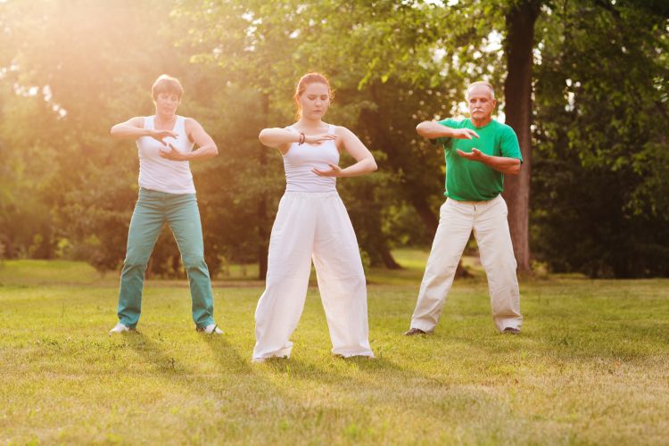 People doing tai chi in a park.