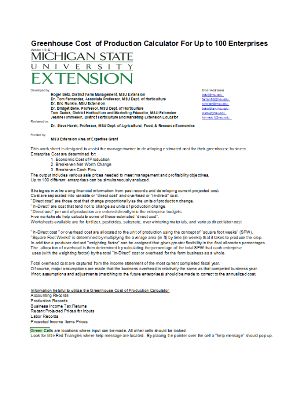 Front page of greenhouse cost of production calculator with instructions