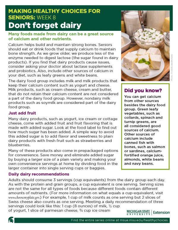 Thumbnail image of Making Healthy Choices for Seniors Newsletter Week 8: Don't Forget Dairy