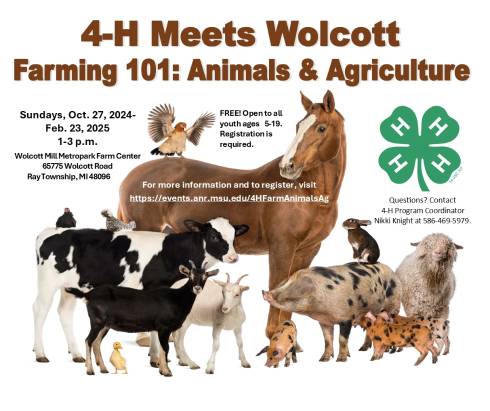 This is a 4-H Farming 101-Animals and Agriculture graphic with farm animals.