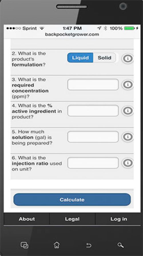 Photo 1. Back Pocket Grower’s ‘ppm to Recipe’ calculator tool, as seen on an iPhone.