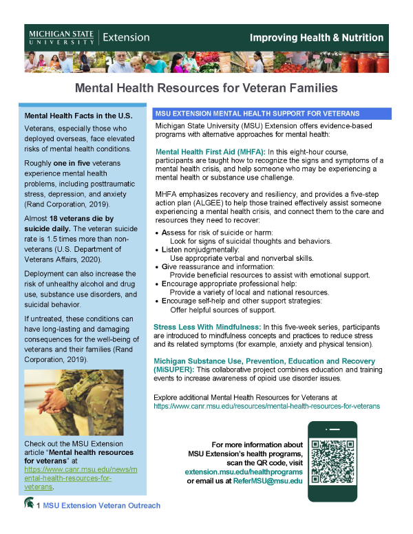 Front page of Mental Health Resources for Veteran Families Tip Sheet