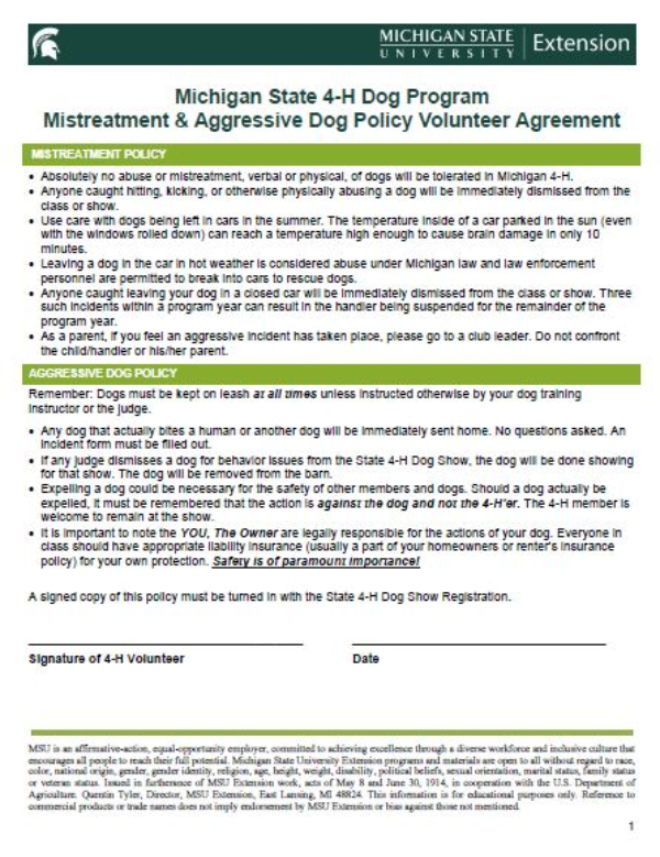 Thumbnail of Michigan State 4-H Dog Program Mistreatment & Aggressive Dog Policy Volunteer Agreement document