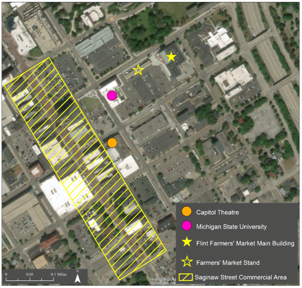 Aerial photo detailing the location of the Flint Farmer's Market.