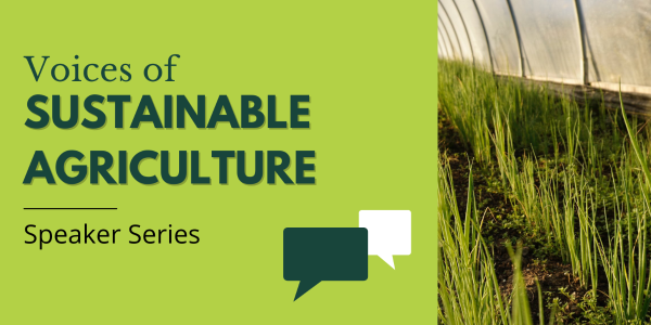 Voices of Sustainable Agriculture graphic featuring two speech bubbles and a photo of green onions growing in a hoop house