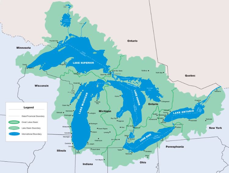 The Great Lakes watershed touches 8 states and 2 provinces.
