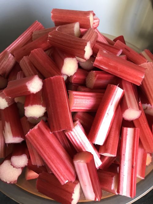 Fresh rhubarb stalks chopped up.