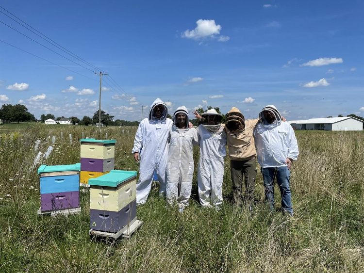 People standing in front of beehives