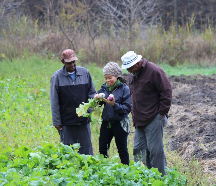 From left to right Isiah Tabb (fruit and vegetable producer),  Shakara Tyler (MSU Center for Regional Food Systems), Hakim Rashi