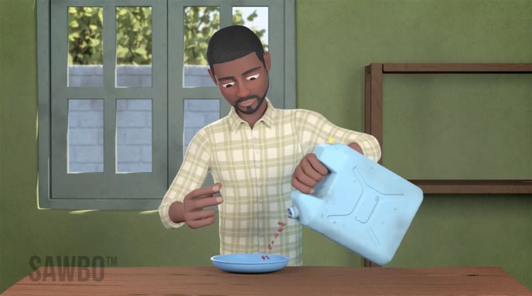 Image from a screenshot of the SAWBO animation, Jerrycan Bean Storage. Shows man pouring beans from jerrycan.
