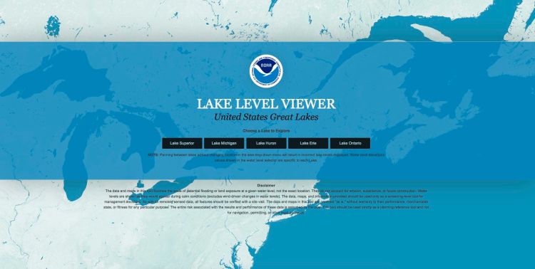 Screen shot of the front page of the new online Lake Level Viewer. | NOAA