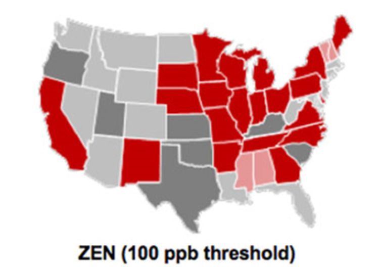 map of US showing Zeralenone results by state