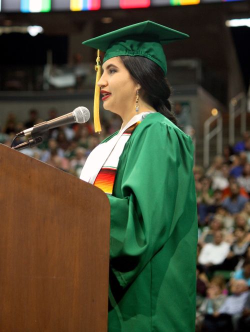 Alondra Alvizo gives the student speech at the CANR undergraduate commencement on May 5, 2018.
