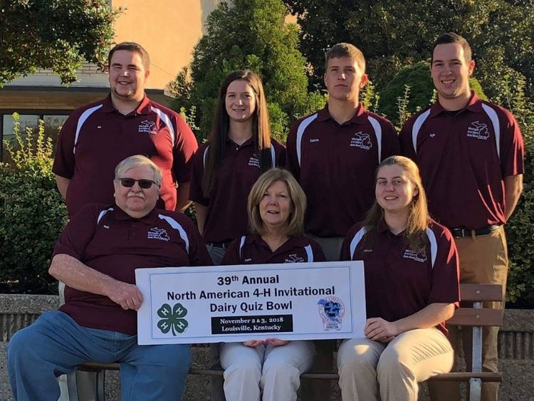 Pictured are (back row, from left) Ian Black, Amanda Hicks, Dakota Dershem and Kyle Schafer; (front row, from left) Rodney Pennock (coach), Susie Green (coach) and Miriam Cook. (Photo courtesy of the North American Invitational 4-H Dairy Quiz Contest.)