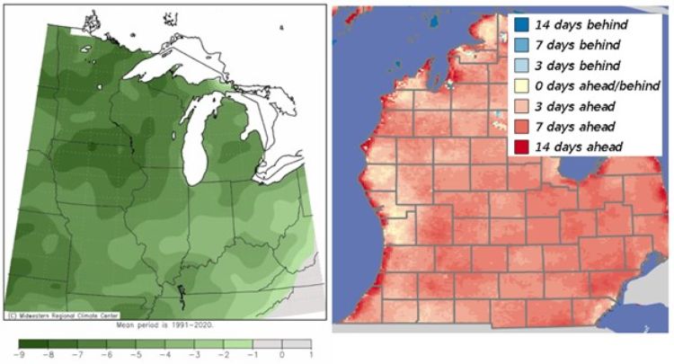Average temperature departure and growing degree day comparison maps.