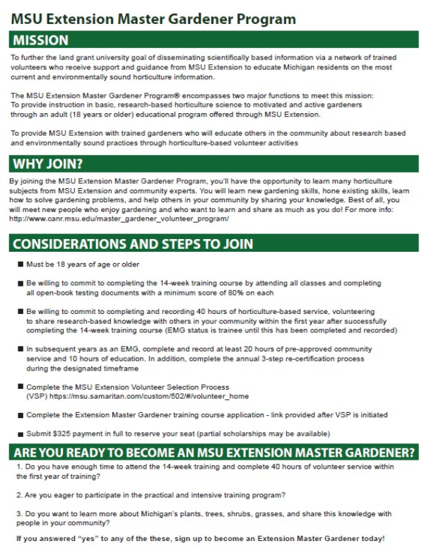 The EMG tip sheet for first year EMGs contains basic information to guide both the public who may be interested in becoming an MSU Extension Master Gardener and as a reminder of basic information for EMGs who are in their first year of the program.