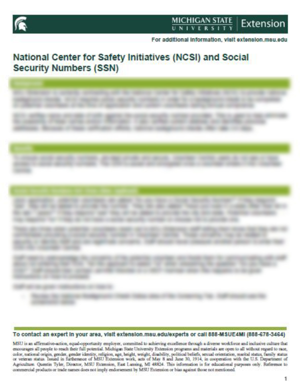 Thumbnail of the National Center for Safety Initiatives (NCSI) and Social Security Numbers (SSN) document.