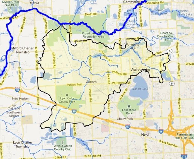 The map shows the Norton Creek watershed outlined in black.Courtesy of the Huron River Watershed Council.