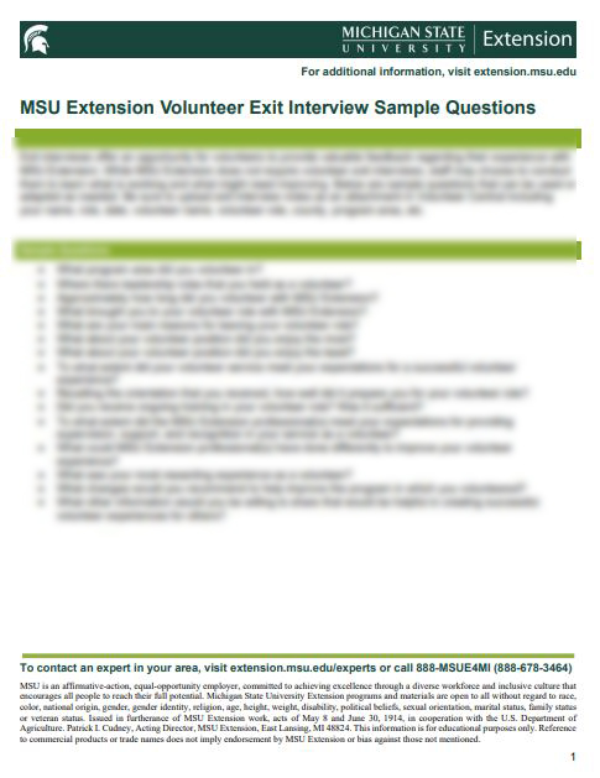 Thumbnail of MSU Extension Volunteer Exit Interview Sample Questions document.