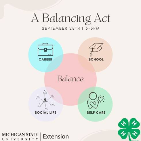 A Balancing Act graphic. September 28th, 5-6 PM. Includes bubbles with graphics for career, school, social life, and self care. MSU Extension and 4-H logo in corners of the image.