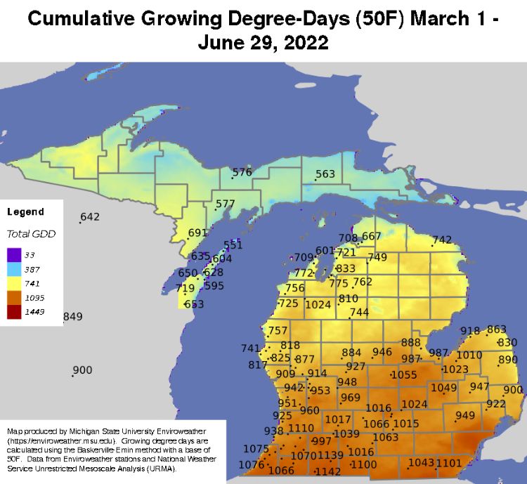 Cumulative growing degree day accumulation map in Michigan.