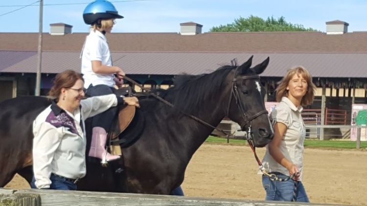 Breanna Long, Horse leader- Kelly Camp with her horse Jazz, Side walker- Ann Osentoski- Conley