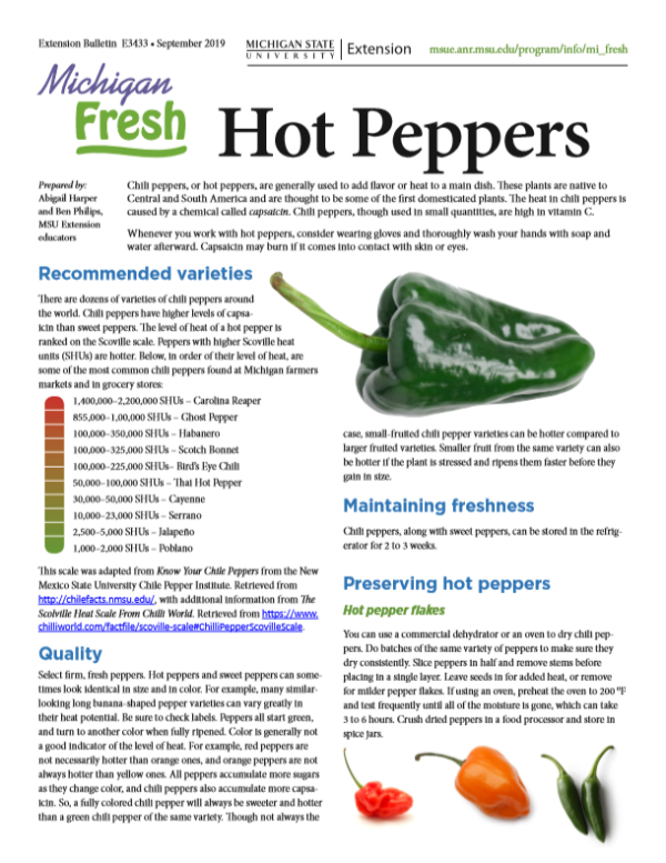 The first page of the fact sheet of hot peppers.