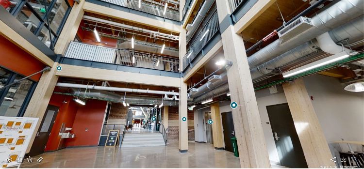 The main entrance inside the MSU STEM Teaching and Learning Facility mass timber building.