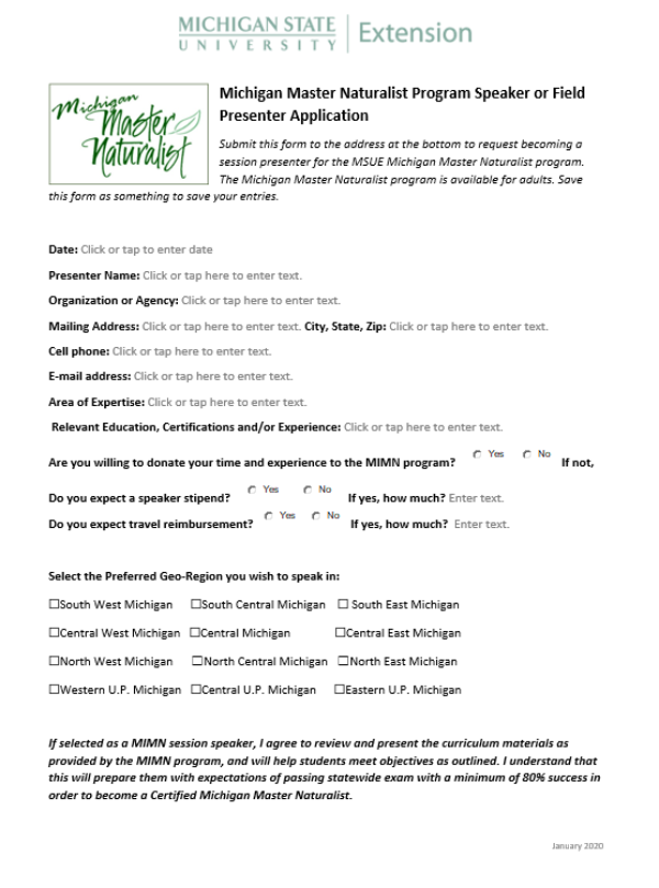 Michigan Master Naturalist Presenter Application