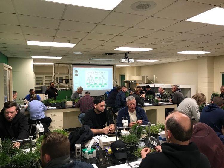 Attendees sit at tables identifying different turf samples in front of them.