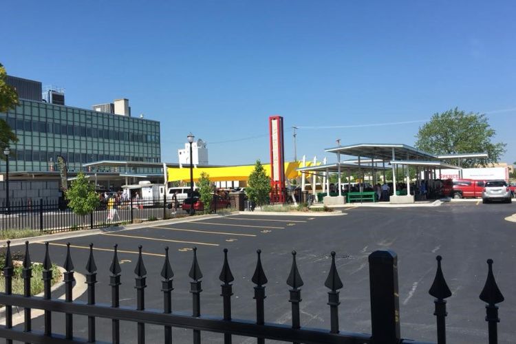 Buildings and parking lot where farmers market occurs.