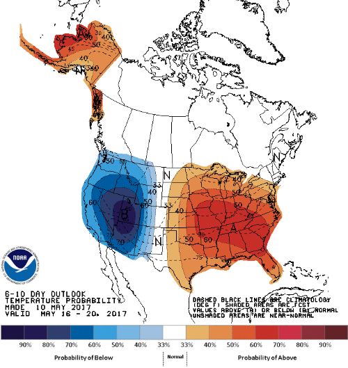Photo 1. The NOAA 6-10 day outlook as of May 11, 2017. Higher than normal temperatures are forecasted for Michigan.