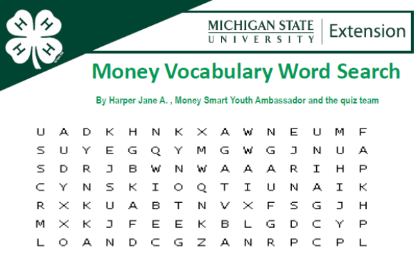 MSU Extension and 4-H Clover along with part of a word search.