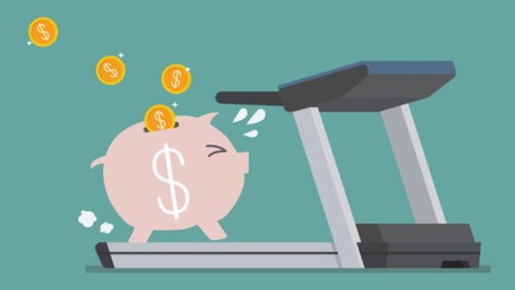 Piggy bank working out and sweating on a treadmill.