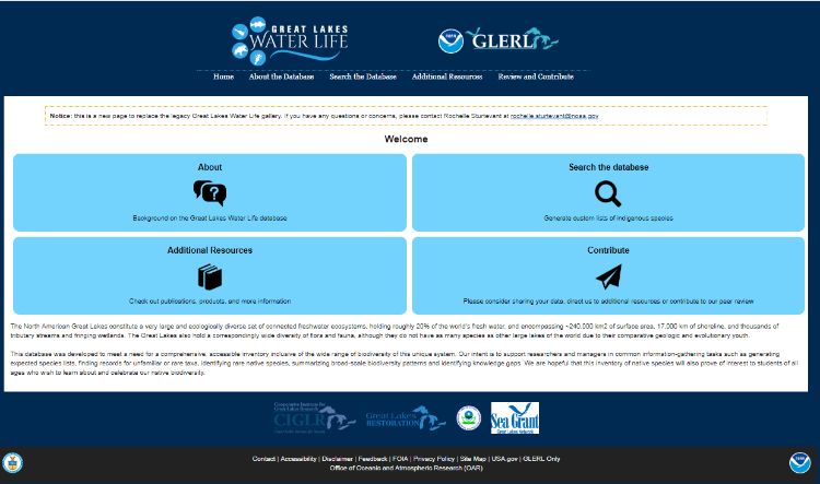 Screen shot of the front page of the Great Lakes Water Life database.