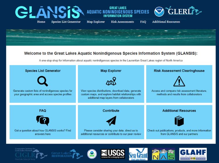 Screenshot shows the home page of the website, featuring a tile layout that links to previously featured tools like the Species List Generator and the Map Explorer, along with the recently debuted Risk Assessment Clearinghouse.