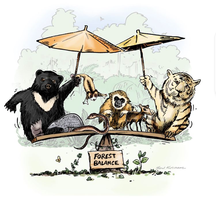 Animals under an umbrella