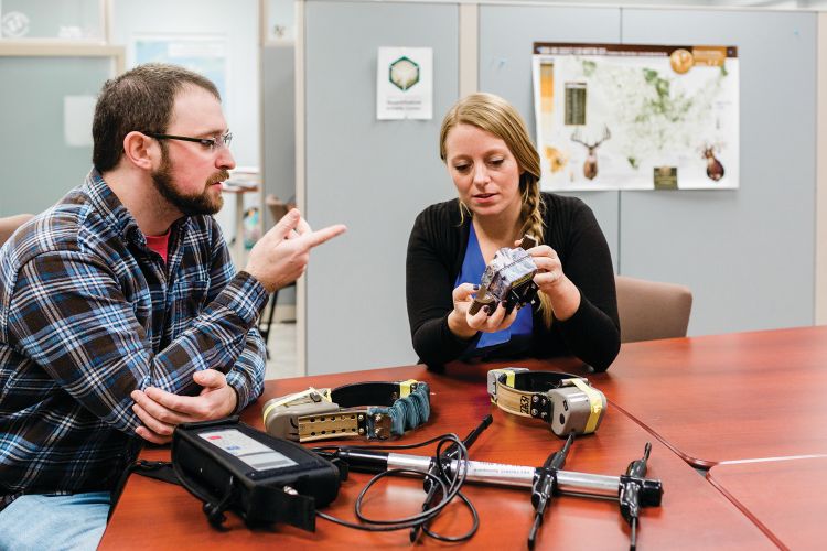 Jonathan Trudeau, a doctoral student, and Sonja Christensen, a research associate, discuss GPS collar tracking of whitetail deer in the Boone and Crockett Quantitative Wildlife Center.